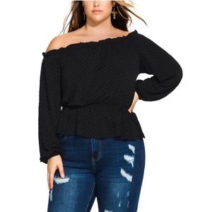 City Chic black dobby dot off-shoulder top